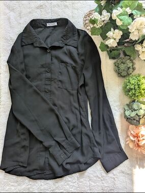 Classic Black Chiffon Button Up Blouse